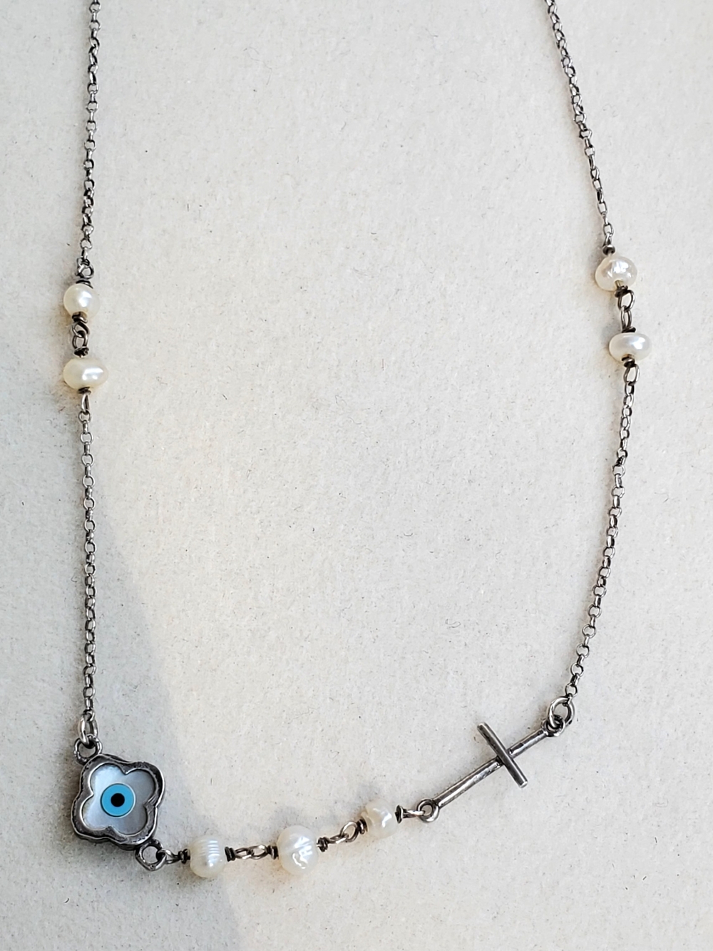 Sterling Silver Cross with Freshwater Pearls & Blue Evil Eye Clover